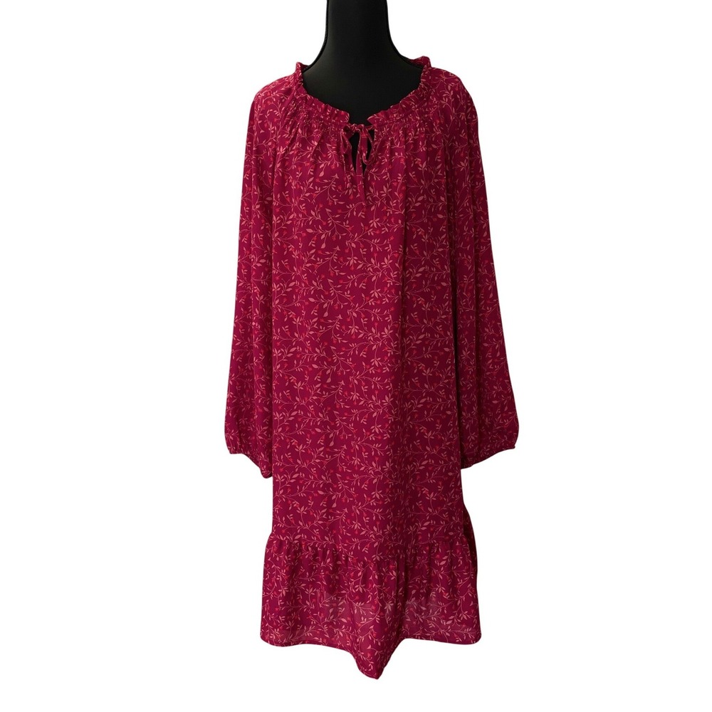 Old Navy Floral Shift Dress Women XL Burgundy Magenta Ruffle Tie Neck Long Sleev